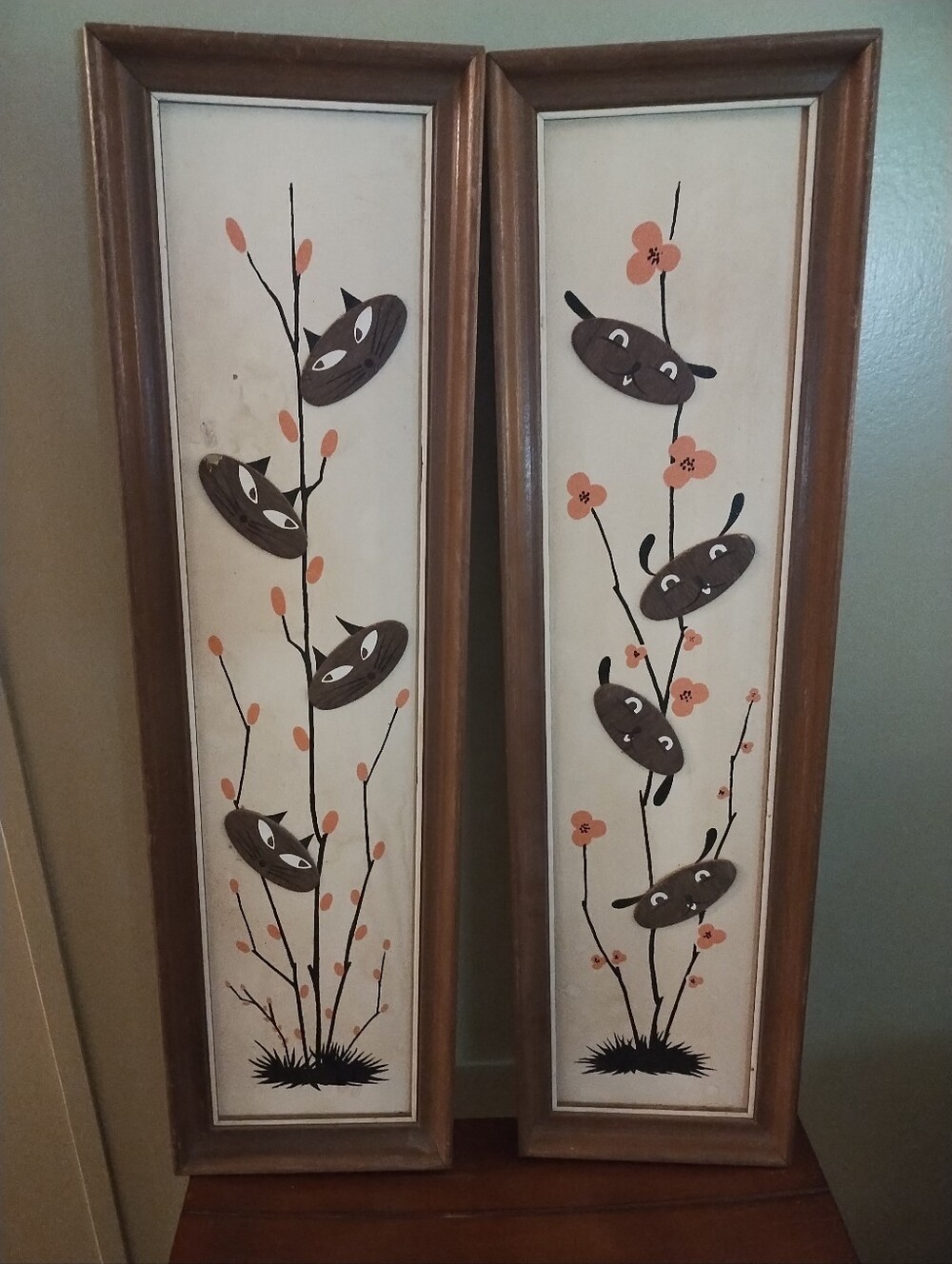 Framed Botanical Cat Wall Art Set in Brown and Peach
